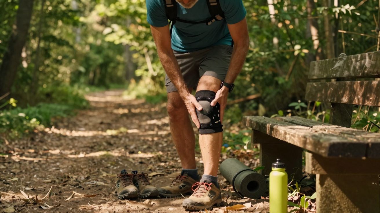Homem com joelheira ajoelhado na trilha de floresta ao lado de banco, tênis, tapete e garrafa.