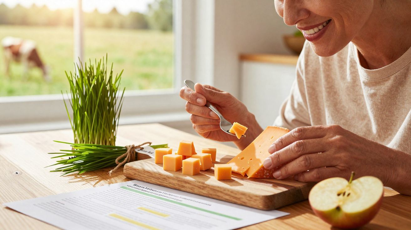 Pessoa segurando um garfo com queijo em cubos e cortando mais queijo em uma tábua, com maçã e plantas ao lado.