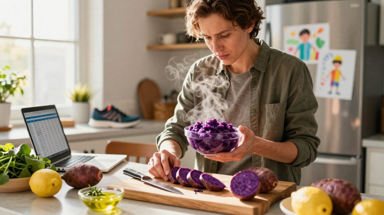 Pessoa cortando batata-doce roxa e segurando tigela com batata amassada em cozinha iluminada.