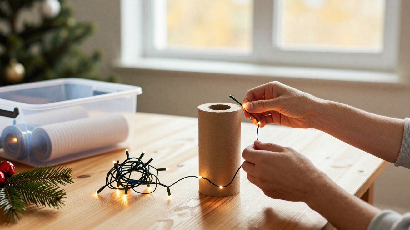 Mãos organizando pisca-pisca de Natal amarelo ao lado de rolo de papel toalha sobre mesa de madeira clara.