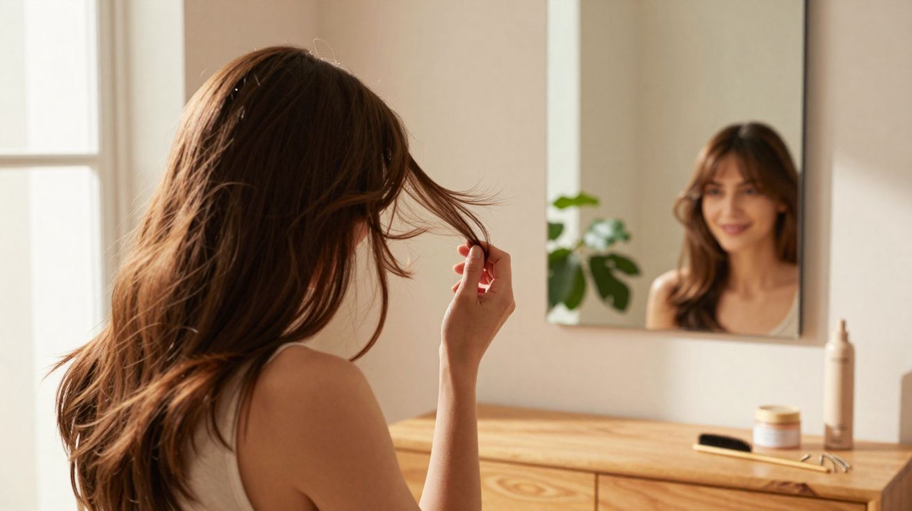 Mulher olhando seu cabelo no espelho em um quarto claro com penteadeira de madeira e plantas.