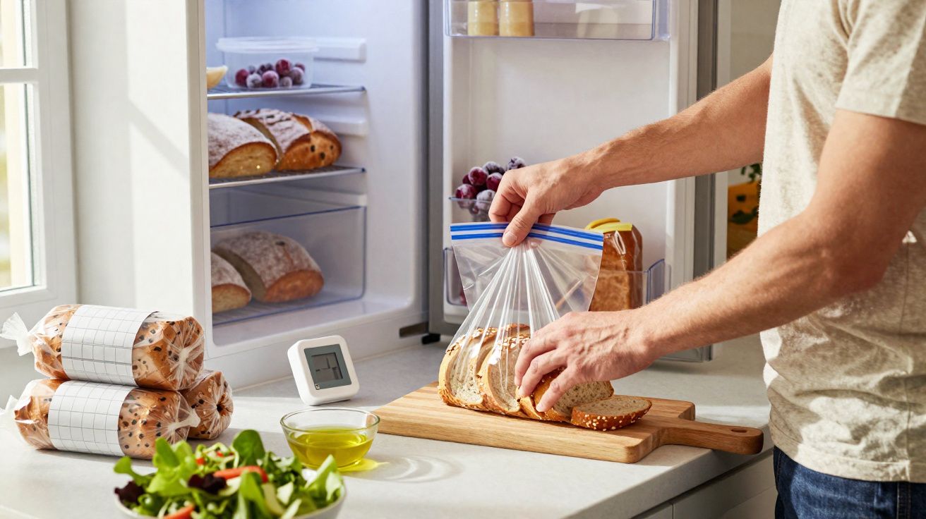 Pessoa colocando fatias de pão em saco plástico junto à geladeira aberta em cozinha iluminada.