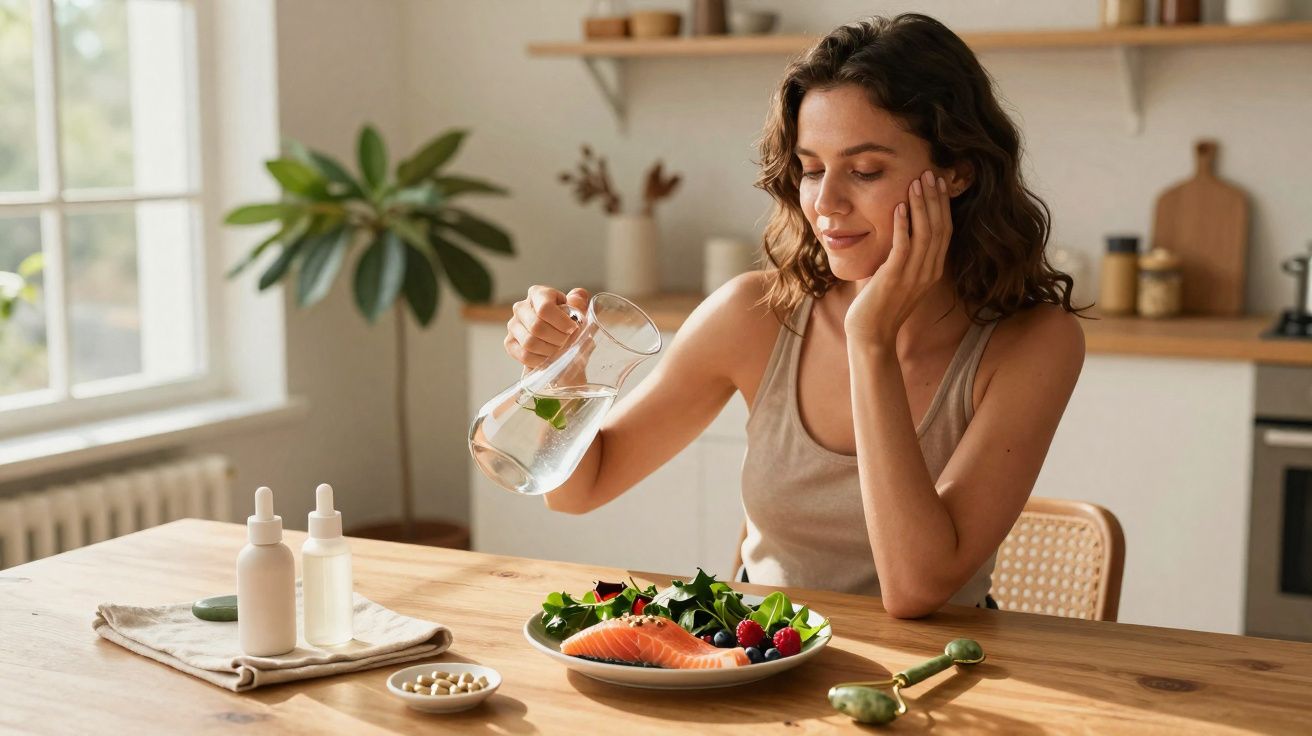 Mulher sentada à mesa, hidratando-se com água, com prato de salmão e salada na cozinha iluminada.