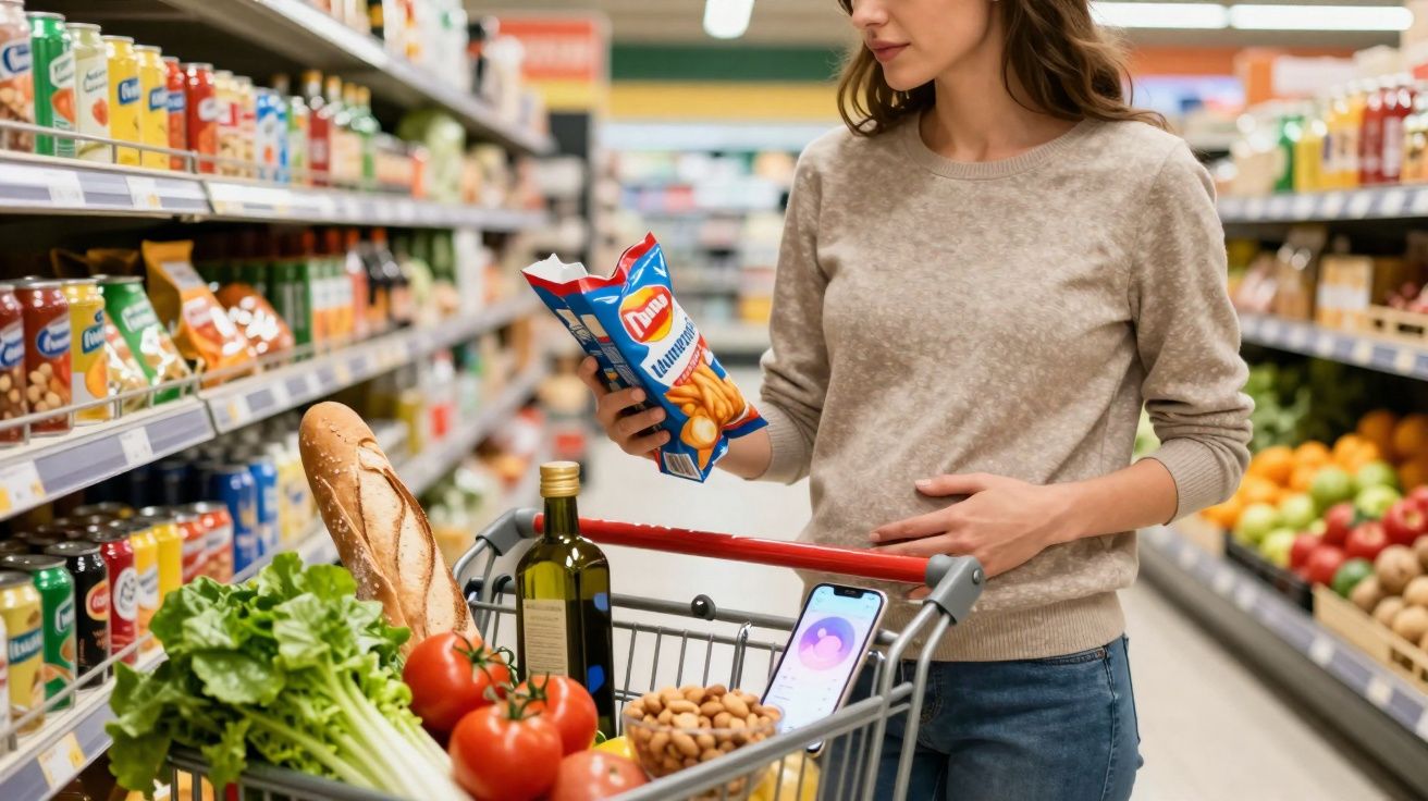 Mulher grávida lendo embalagem de salgadinho no supermercado com carrinho cheio de alimentos frescos.