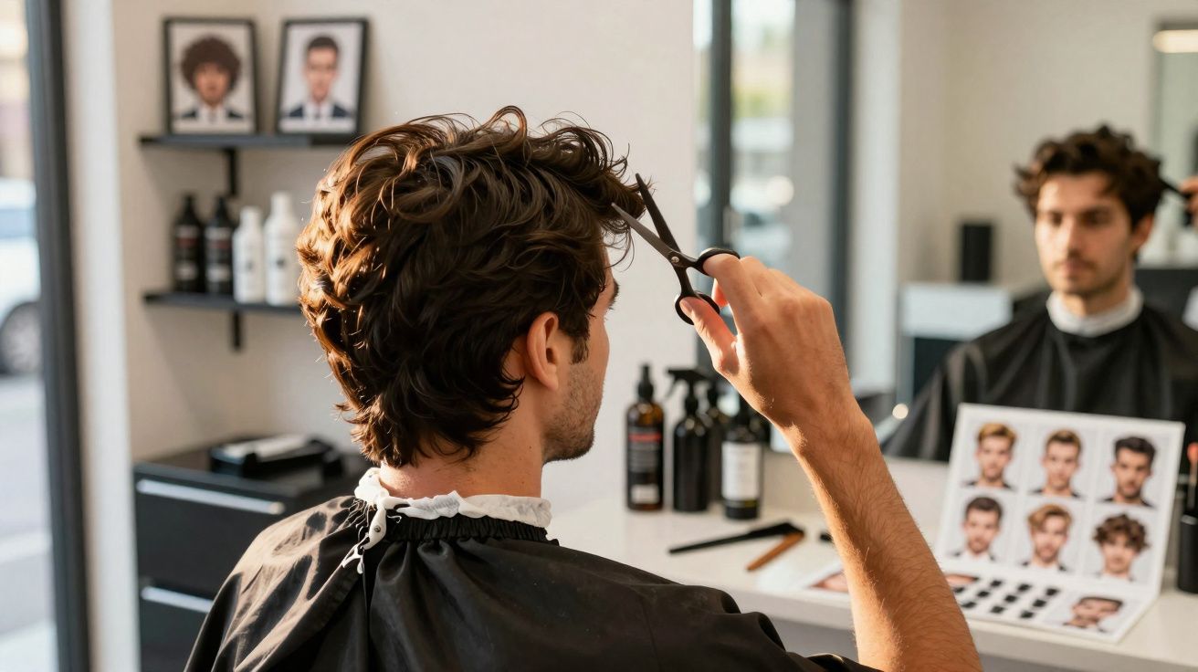 Homem vestindo capa preta segurando tesoura para cortar cabelo em salão de beleza, olhando no espelho.