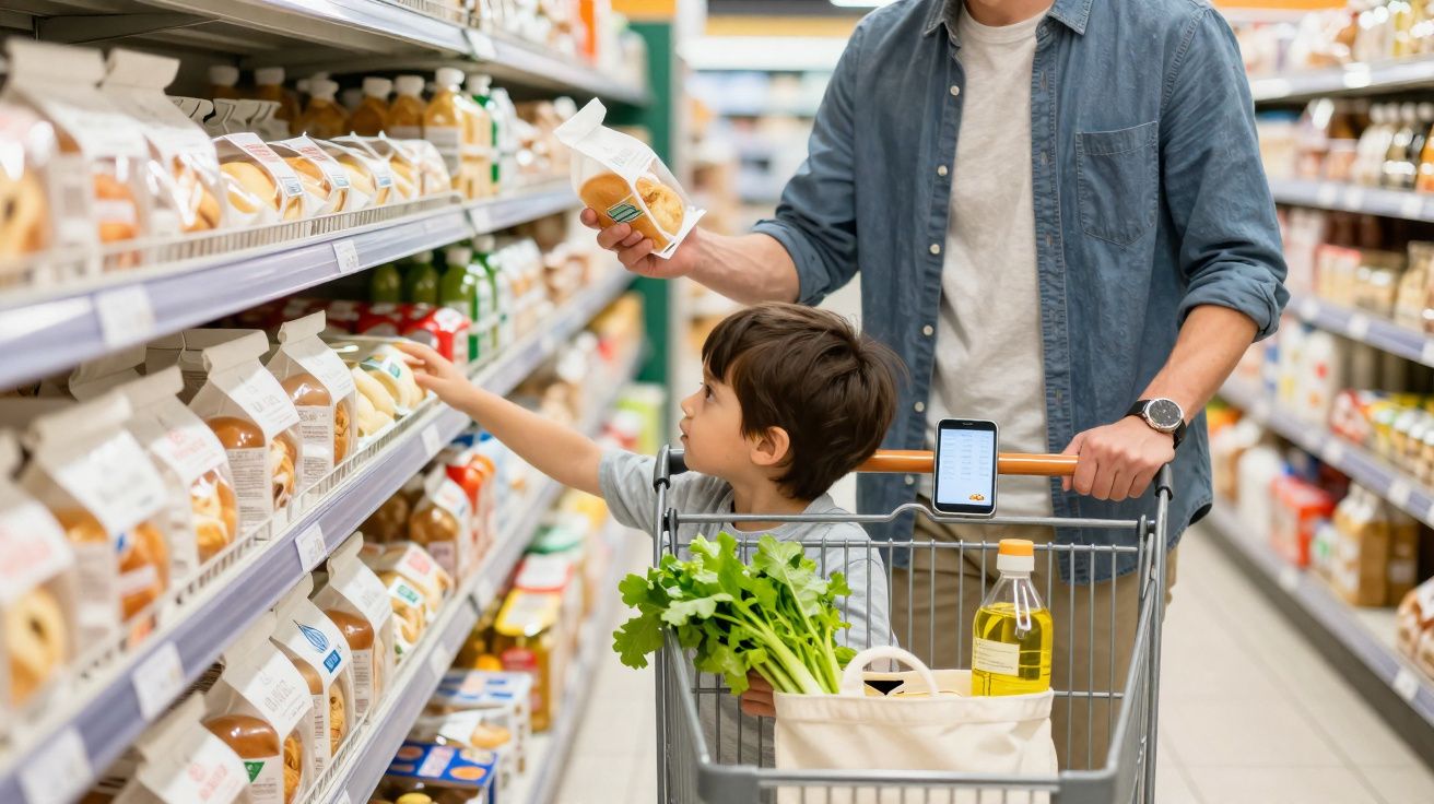 Homem com criança no carrinho escolhe produtos na prateleira de supermercado, com legumes no carrinho.