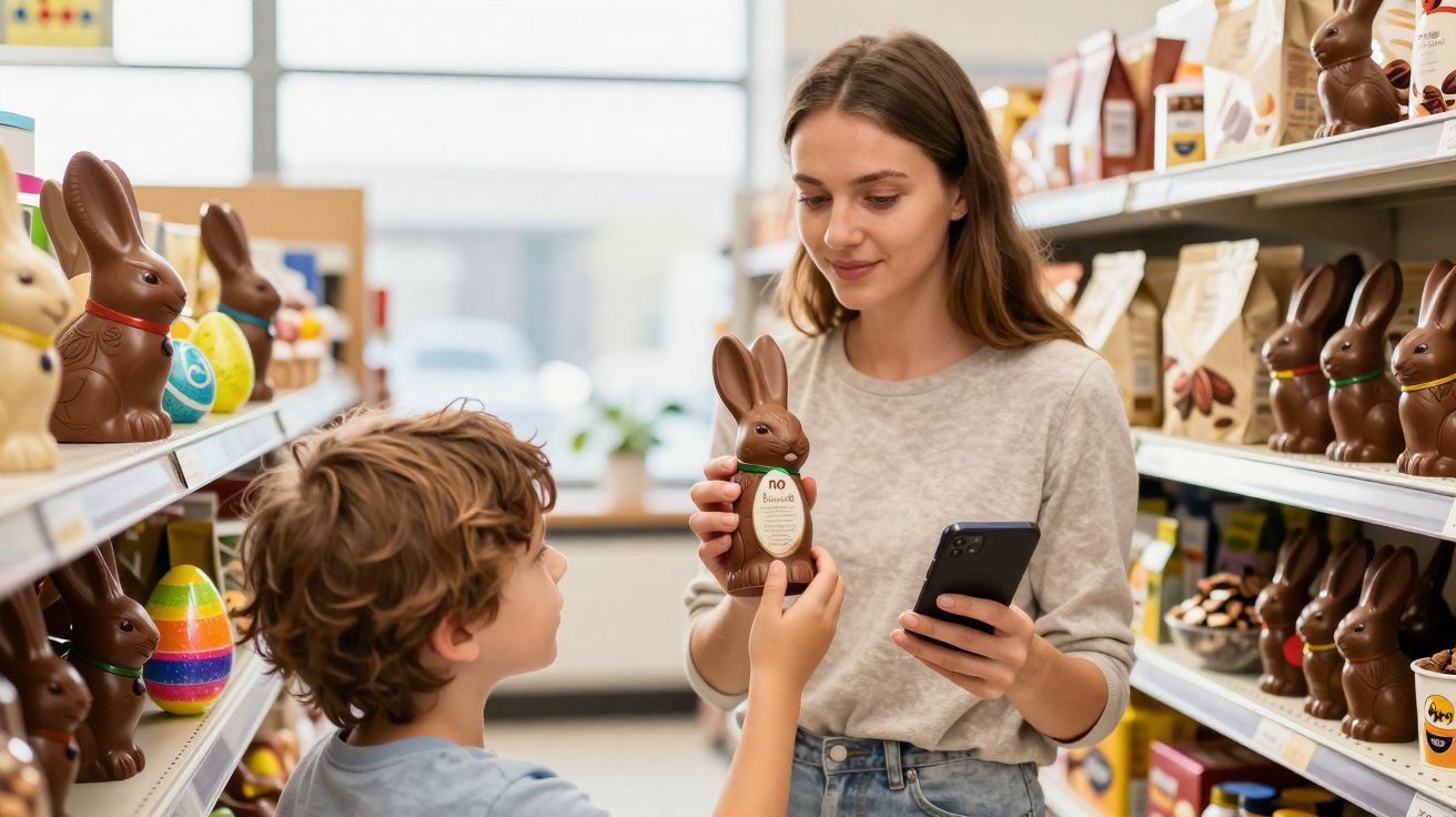 Mulher e menino escolhem coelho de chocolate em prateleira de loja especializada em Páscoa.