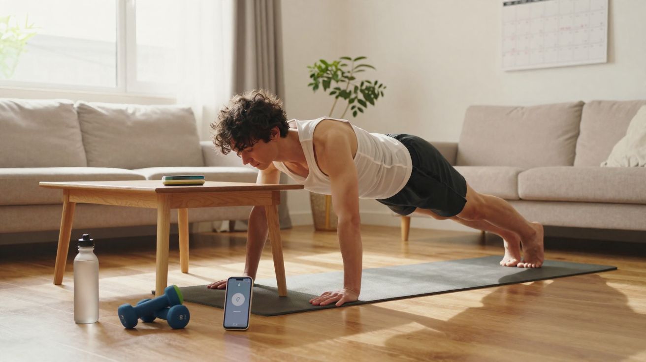 Homem fazendo flexão em tapete de yoga na sala de estar com halteres e garrafa ao lado.