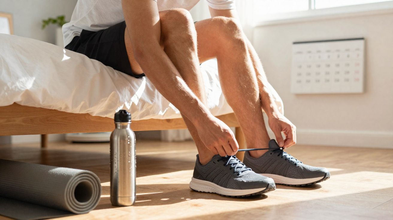 Pessoa sentada na cama amarrando tênis, com garrafa de água e tapete de yoga no chão ensolarado.