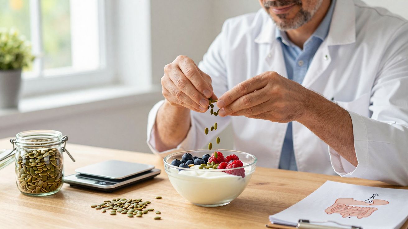 Homem em jaleco adiciona sementes em tigela com iogurte, frutas e sementes em mesa de madeira.