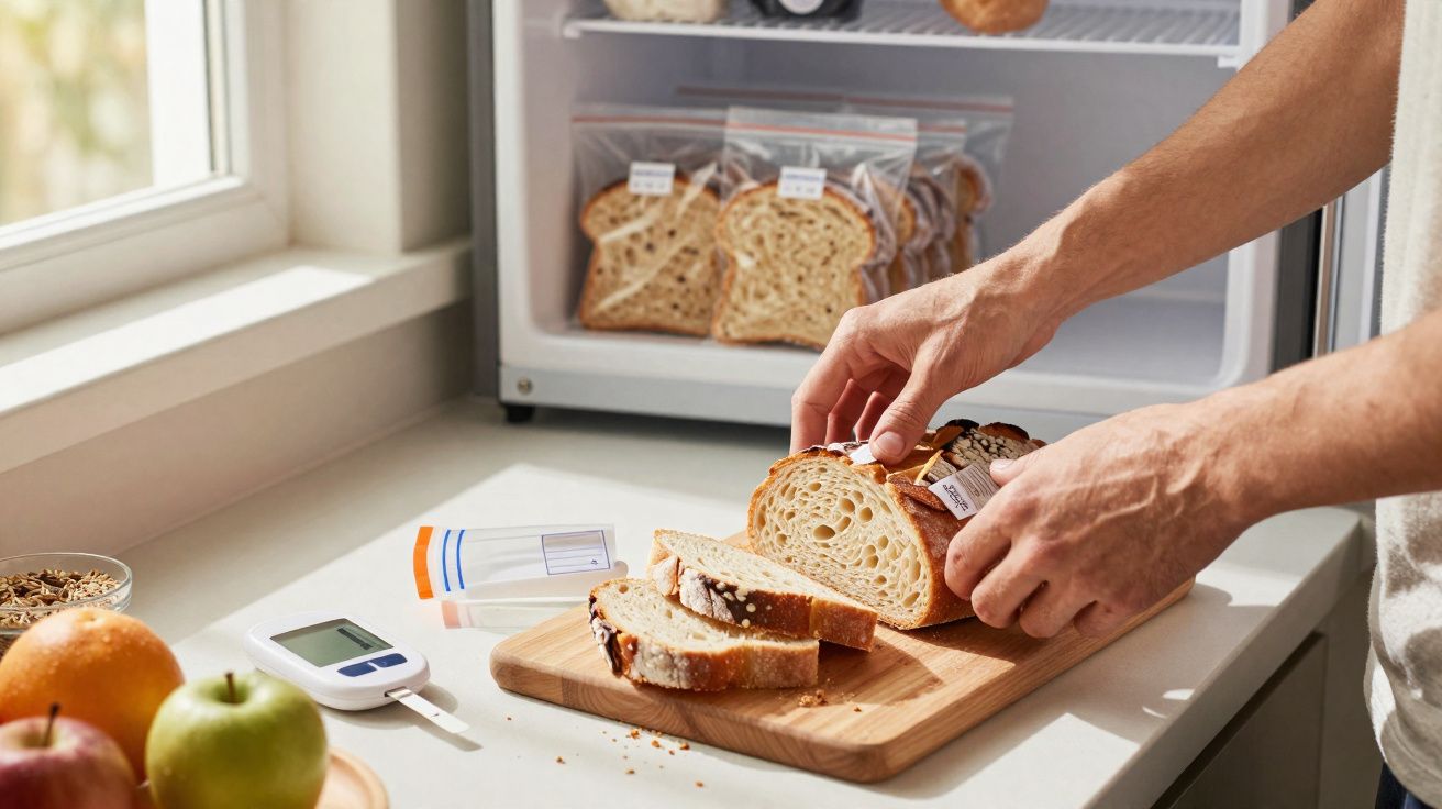 Pessoa fatiando pão em tábua na cozinha, com frutas e glicosímetro sobre a bancada próxima à geladeira.