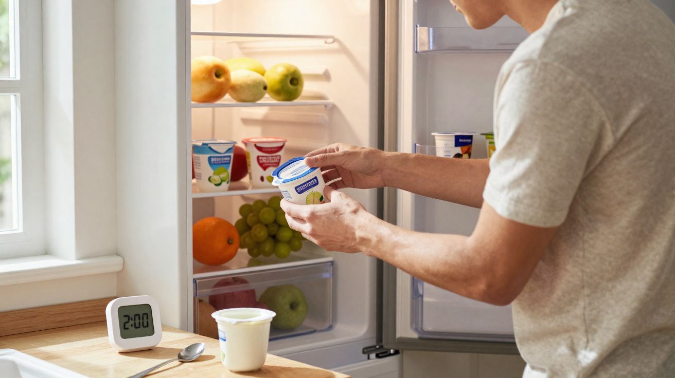 Pessoa segurando pote de iogurte na frente de geladeira aberta com frutas e alimentos dentro.
