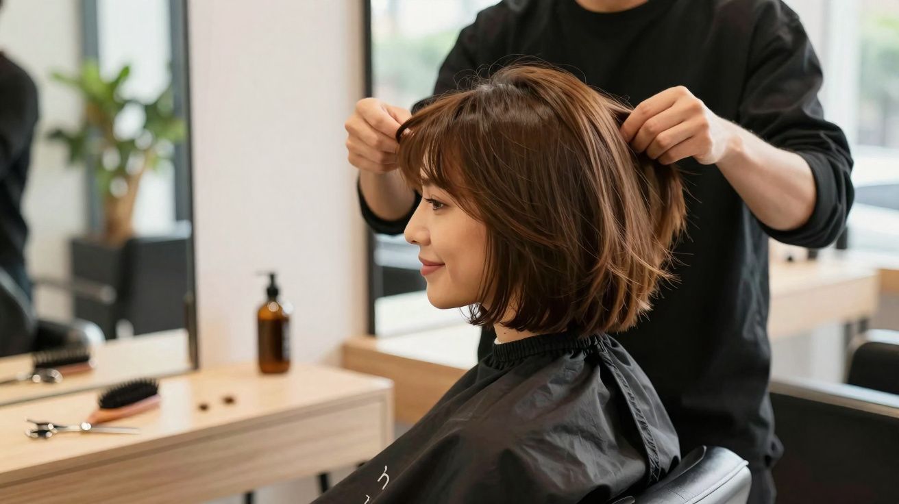 Mulher sorrindo enquanto cabeleireiro ajeita seu cabelo curto em salão moderno.