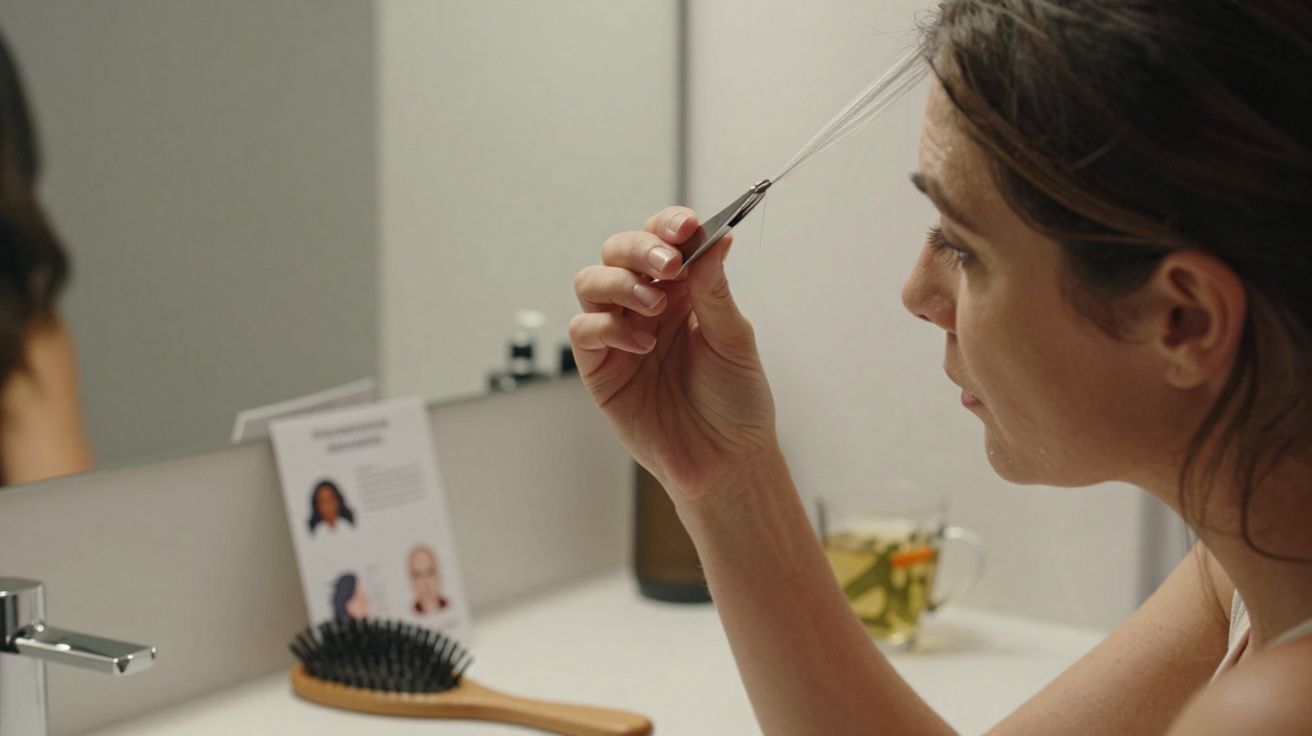 Mulher olhando cabelo com pinça em frente ao espelho em banheiro com escova e copo de chá na bancada.