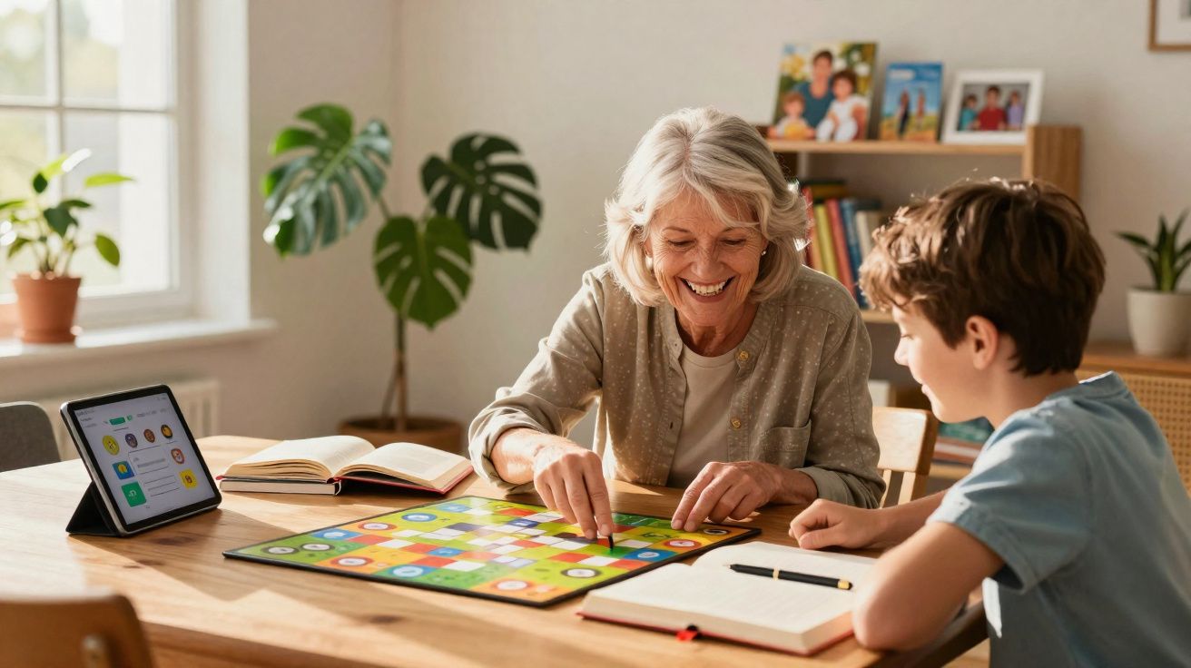 Mulher idosa e menino jogam jogo de tabuleiro em mesa de madeira iluminada por janela.