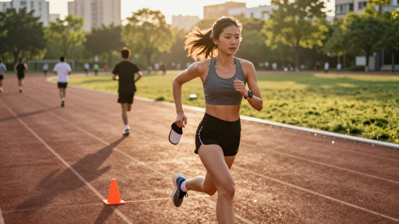 Mulher jovem correndo em pista de atletismo ao ar livre ao entardecer, com outros corredores ao fundo.