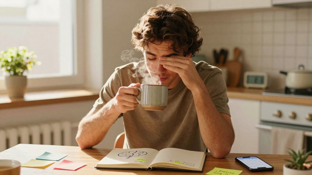 Jovem sentado à mesa tomando café e esfregando os olhos, com livro e celular à frente na cozinha iluminada.
