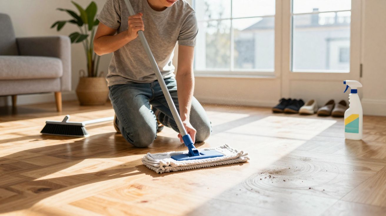 Pessoa limpando o chão de madeira com um mop em ambiente iluminado por luz natural.