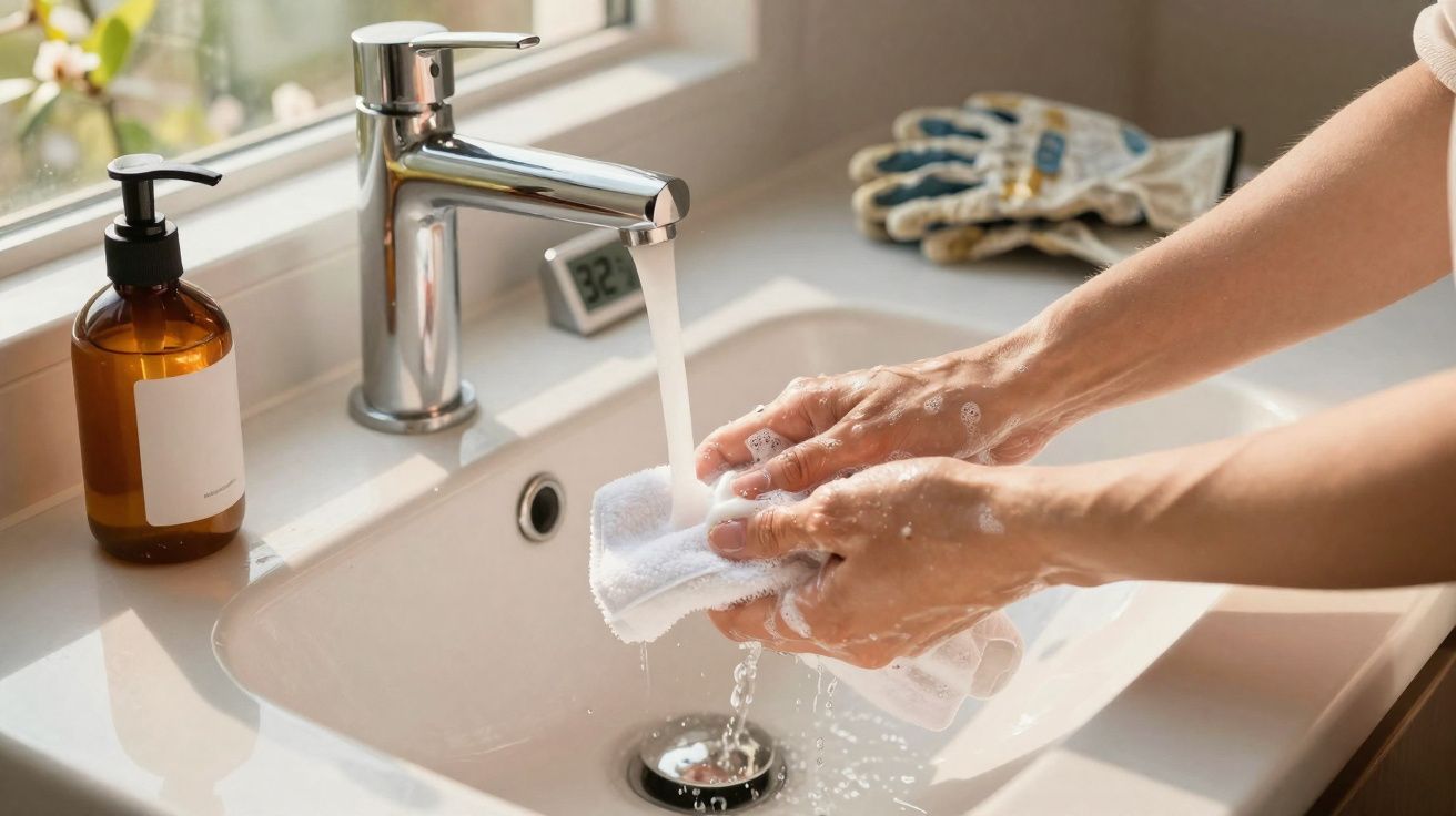 Pessoa lavando pano branco em pia com torneira de água corrente e sabão líquido marrom transparente ao lado