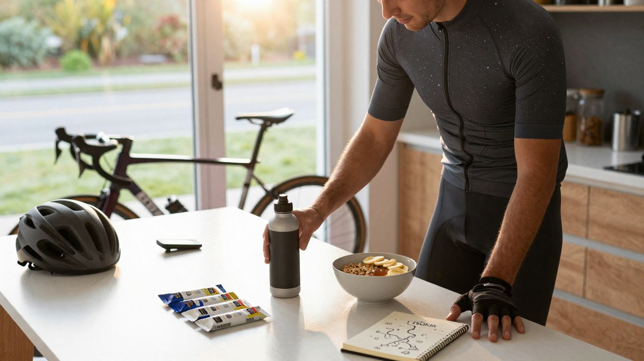 Homem em roupa de ciclismo pega garrafa de água na cozinha, com bicicleta e capacete ao fundo.