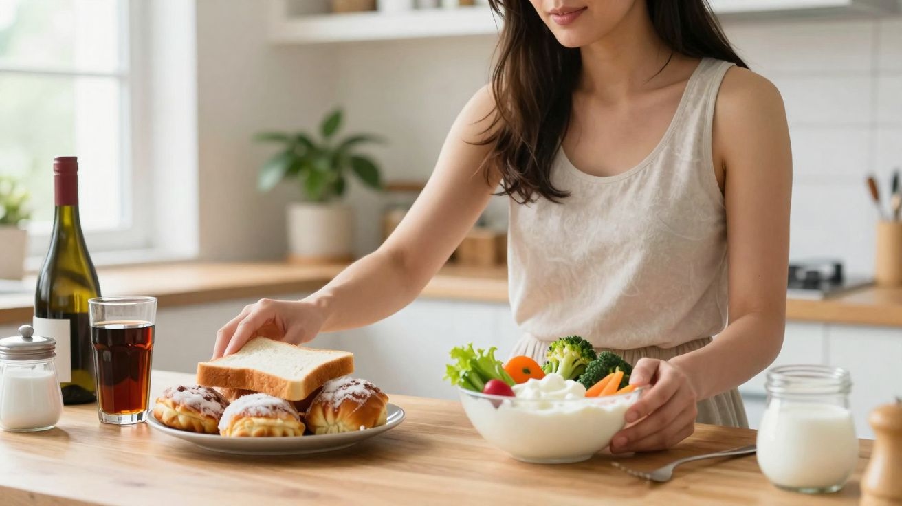 Mulher escolhendo entre pão com doces e vegetais frescos em uma cozinha iluminada.