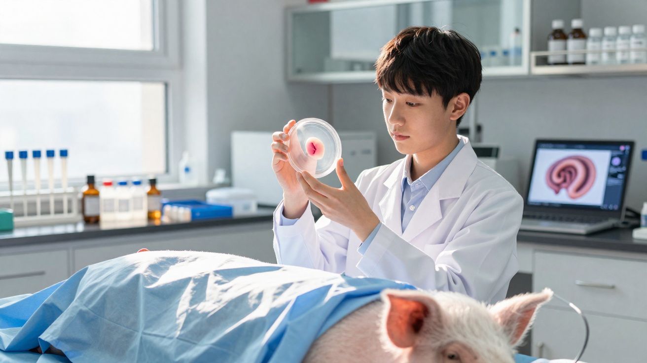Pesquisador em laboratório analisando cultura celular com porco anestesiado em mesa cirúrgica.