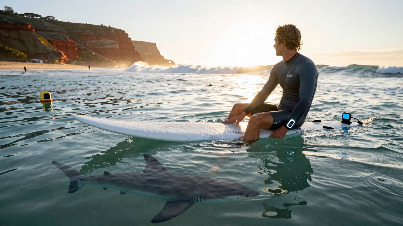 Homem de roupa de neoprene sentado na prancha de surfe com tubarão grande visível na água próxima.