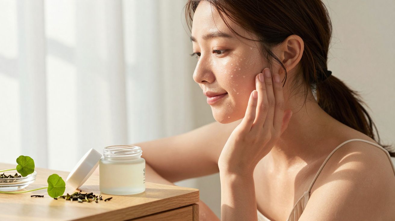 Mulher aplicando creme facial, sentada ao lado de pote de creme sobre mesa de madeira clara.