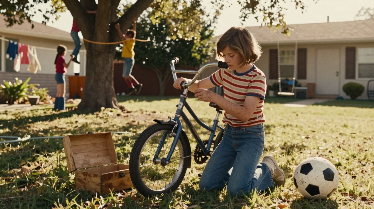 Criança ajoelhada conserta bicicleta no quintal enquanto outras crianças brincam ao fundo em dia ensolarado.