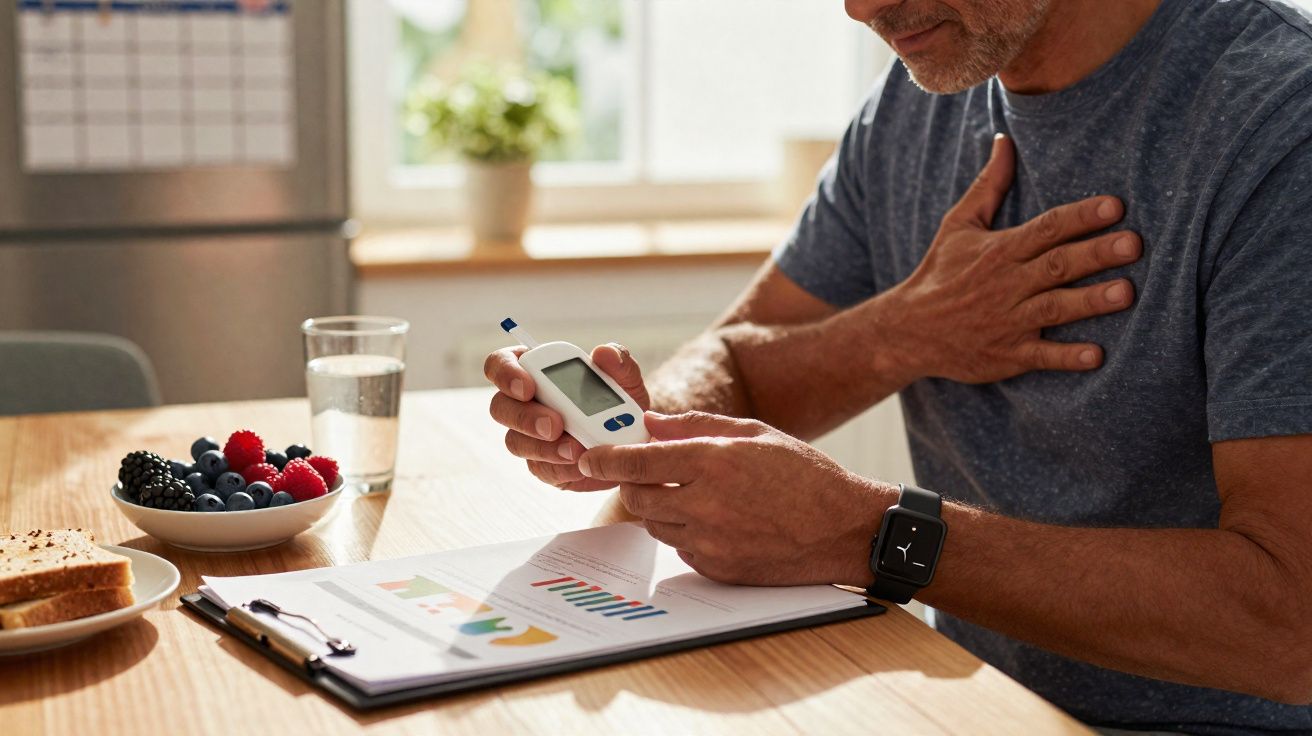 Homem medindo glicose no sangue sentado à mesa com frutas, pão e documentos em ambiente iluminado.