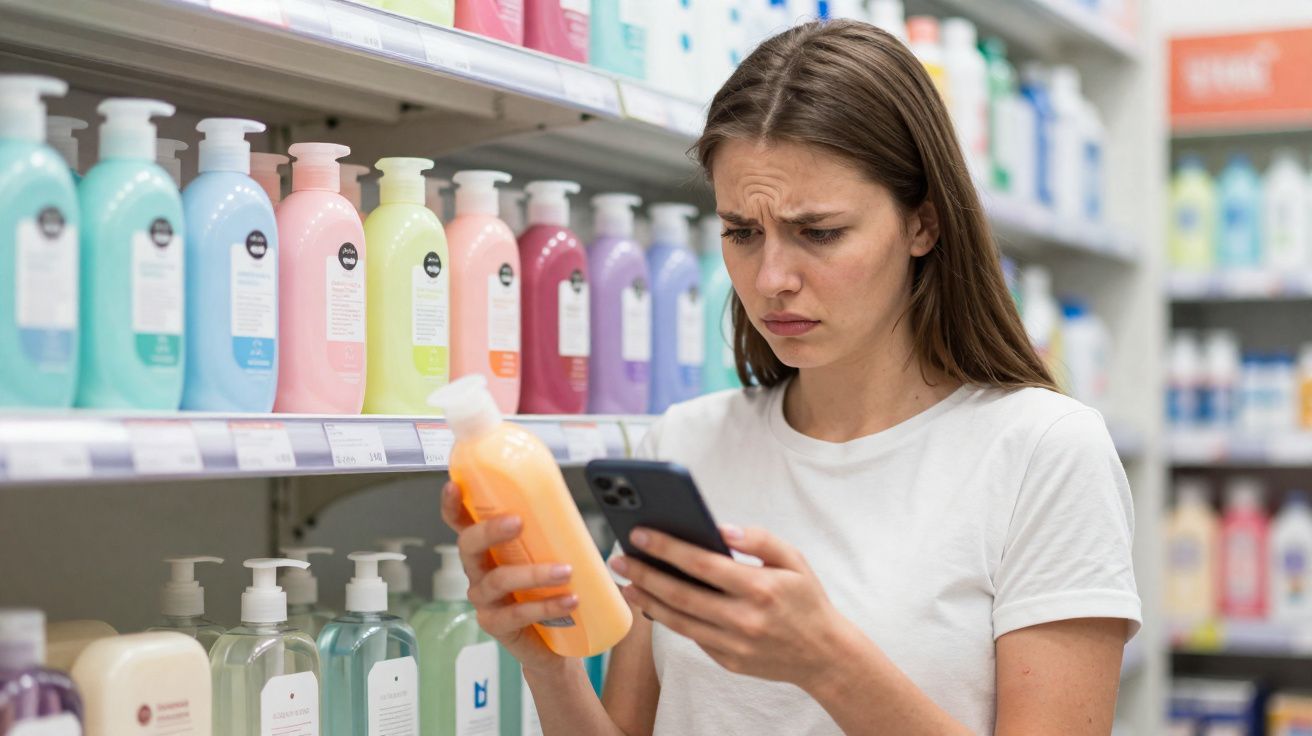 Mulher analisa rótulo de produto de beleza enquanto consulta informações no celular em loja.