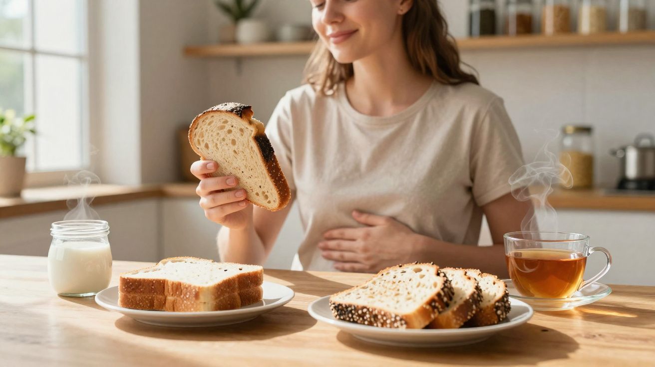 Mulher segurando fatia de pão em cozinha iluminada, com pratos de pão, chá e iogurte na mesa.