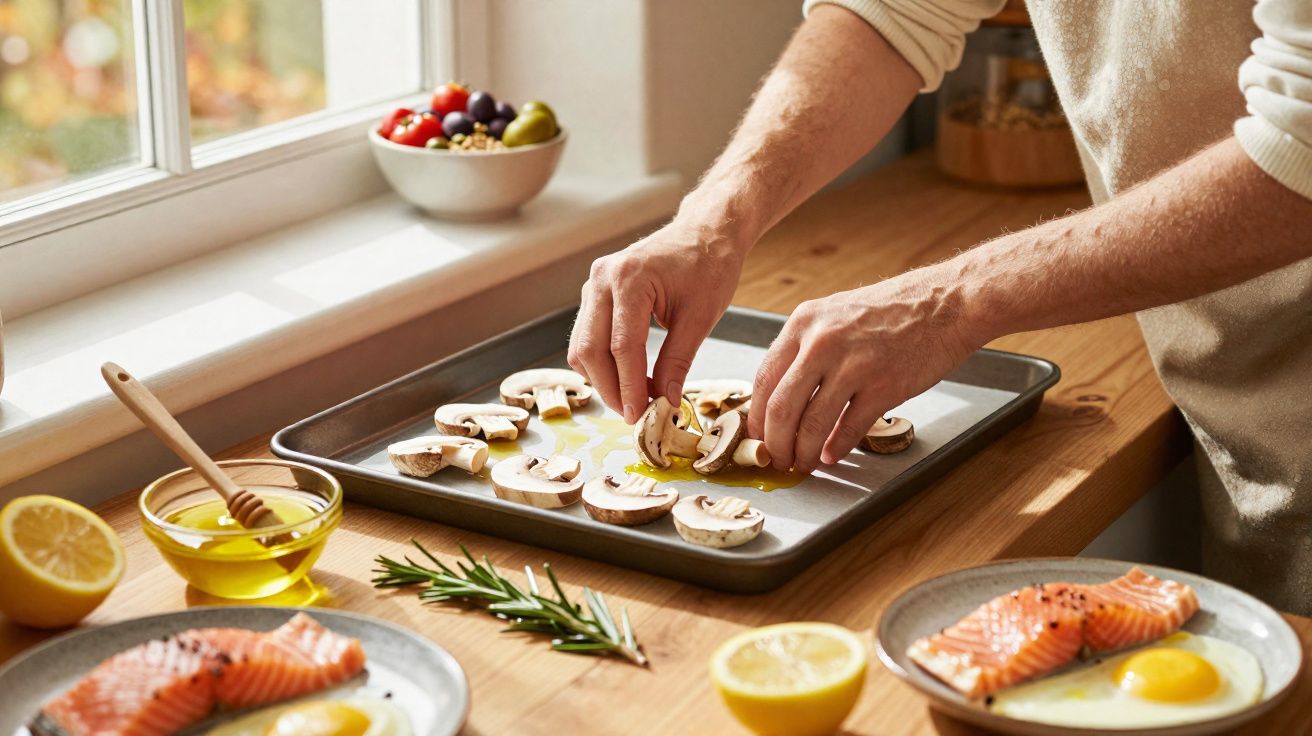 Mãos colocando cogumelos em forma para assar, com pratos de salmão, ovo e ingredientes na bancada.