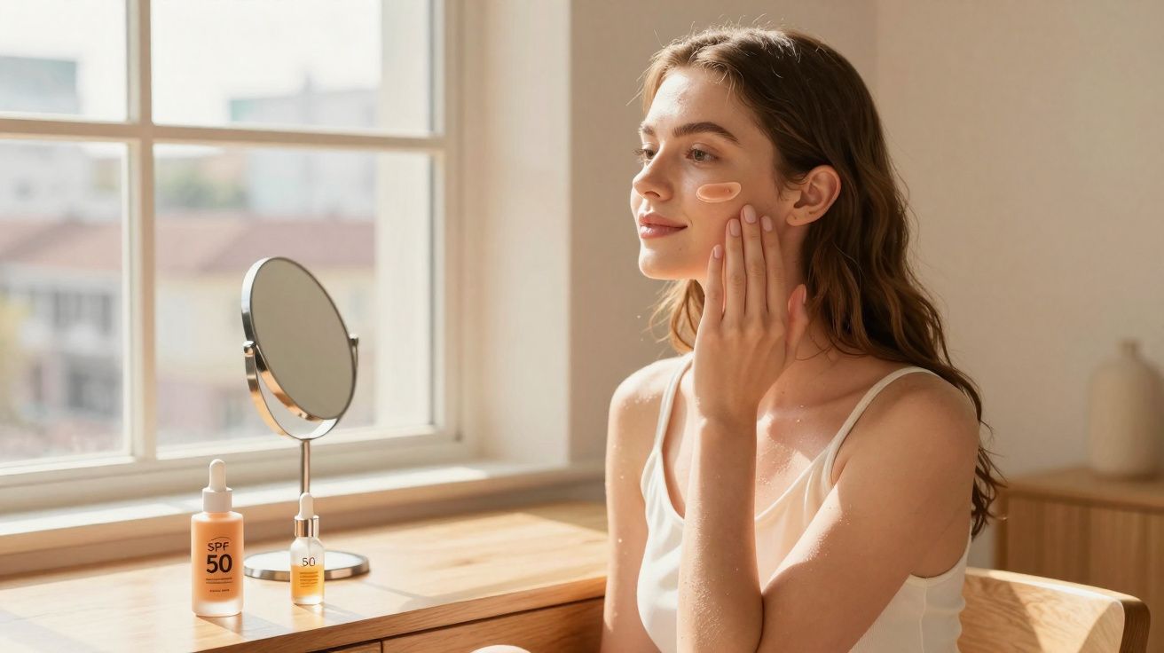 Mulher aplicando protetor solar no rosto em ambiente iluminado ao lado de espelho e vidros.