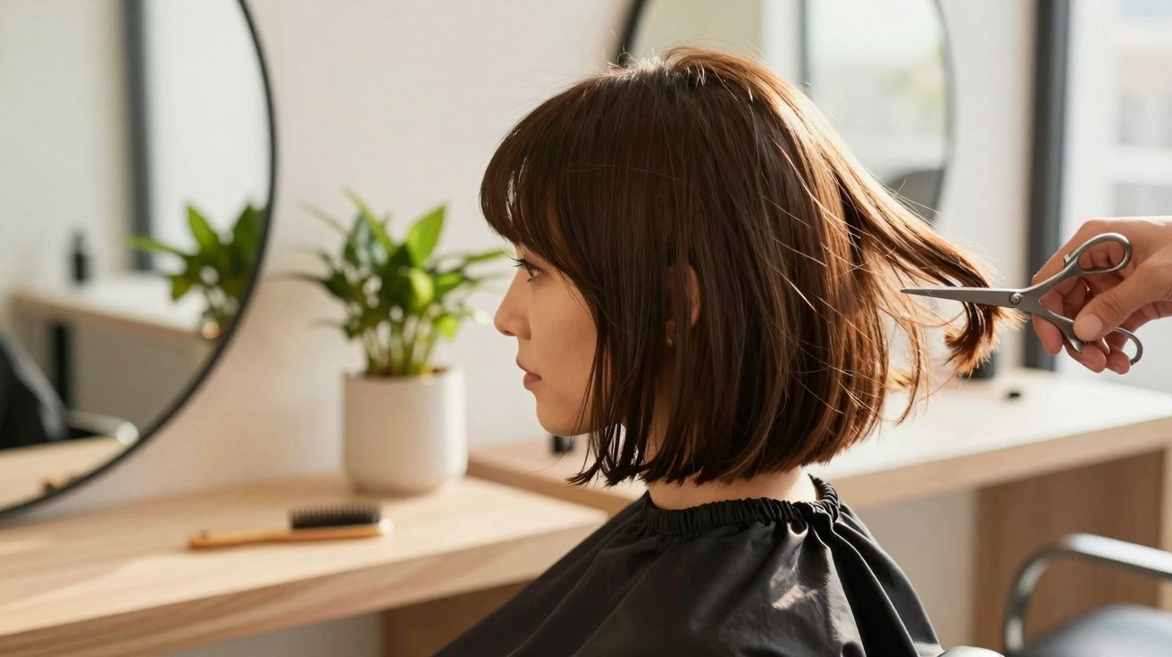 Mulher de cabelo castanho curto recebendo corte de cabelo em salão moderno com espelho e planta ao fundo.