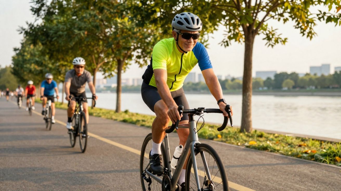 Grupo de ciclistas pedalando ao longo de um rio em dia ensolarado com árvores ao lado da pista.