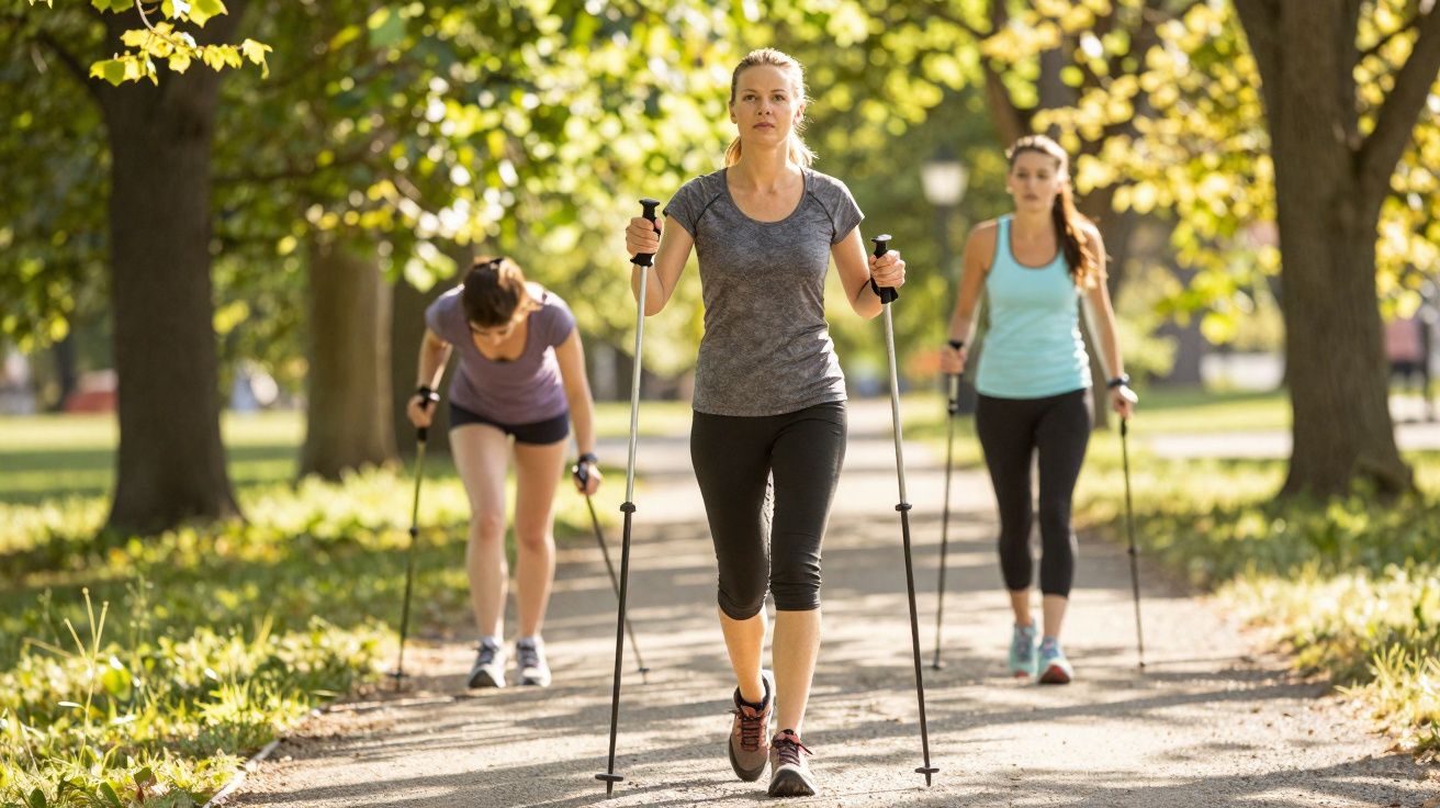 Três mulheres praticando caminhada com bastões em parque ensolarado com árvores ao redor.
