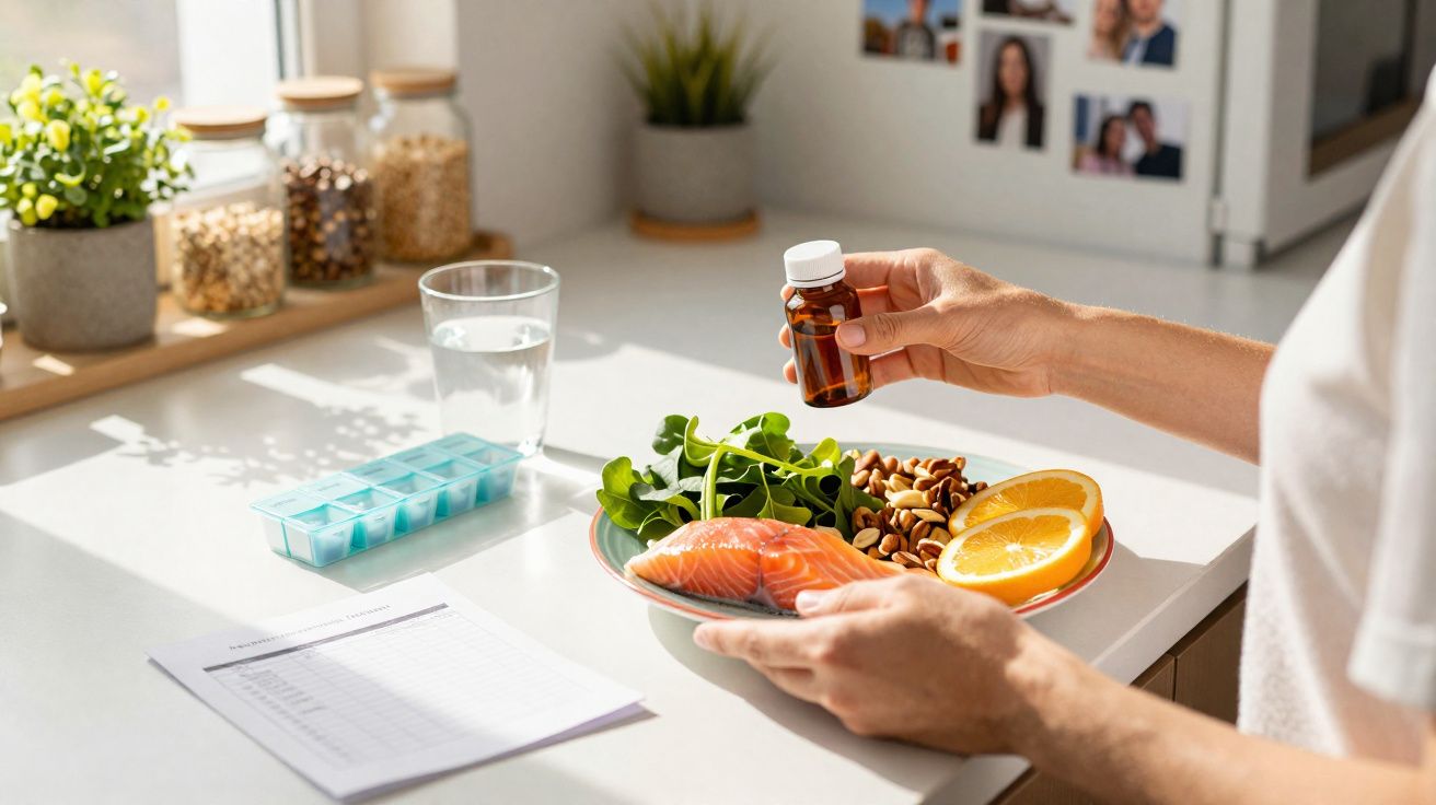 Pessoa segurando pote de suplemento com prato de salmão, folhas verdes, castanhas e laranja na cozinha iluminada.
