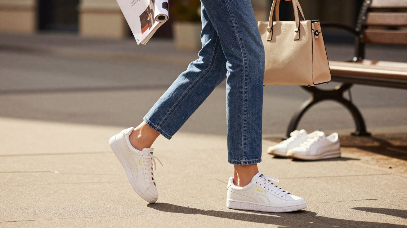 Pessoa caminhando com tênis branco, calça jeans azul e bolsa bege ao lado de banco de praça.