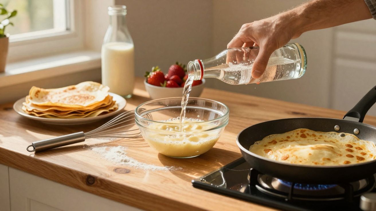 Pessoa despejando líquido em uma tigela com massa para panquecas em cozinha iluminada.