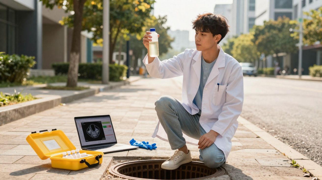 Homem de jaleco branco coleta amostra de líquido em bueiro com equipamentos científicos na calçada.