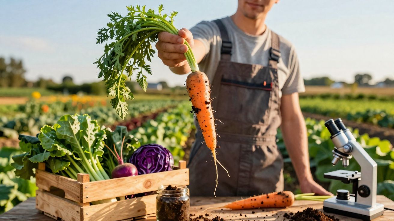 Agricultor segura cenoura recém colhida, com caixa de vegetais e microscópio em mesa ao ar livre.