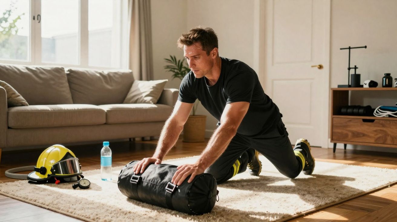 Homem faz exercício com saco de areia em sala, capacete e garrafa d'água ao lado.