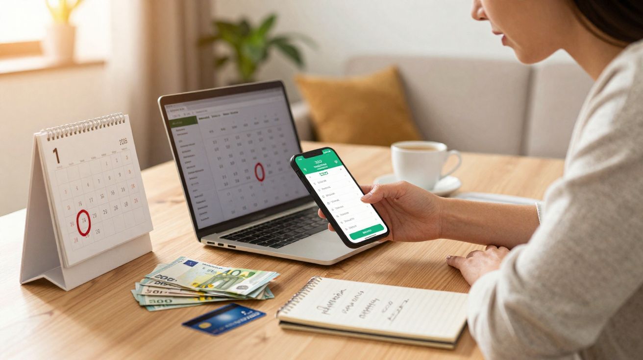 Pessoa usando celular para finanças com dinheiro, calendário, laptop e caderno em mesa de madeira.