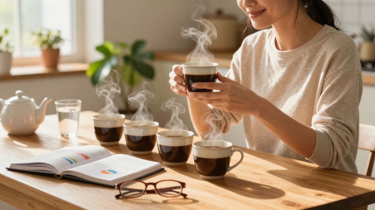 Mulher segurando xícara de café quente numa mesa com outras xícaras, livro, óculos e bule ao fundo.