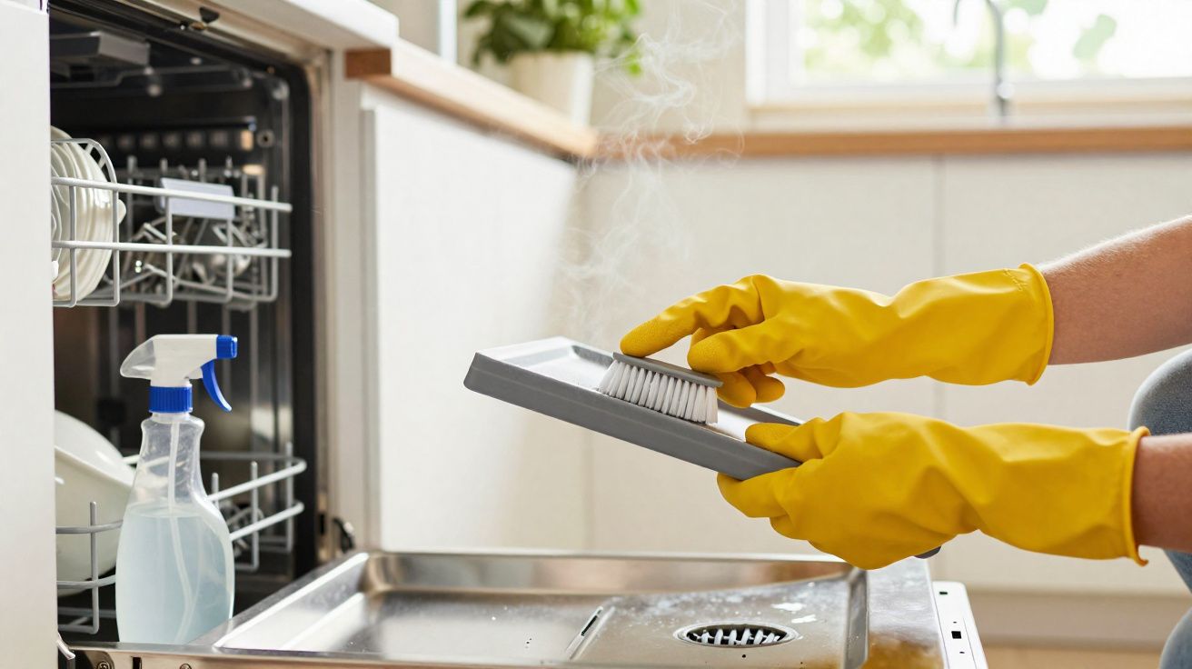 Pessoa com luvas amarelas limpando filtro de lava-louças em cozinha iluminada pela luz natural.