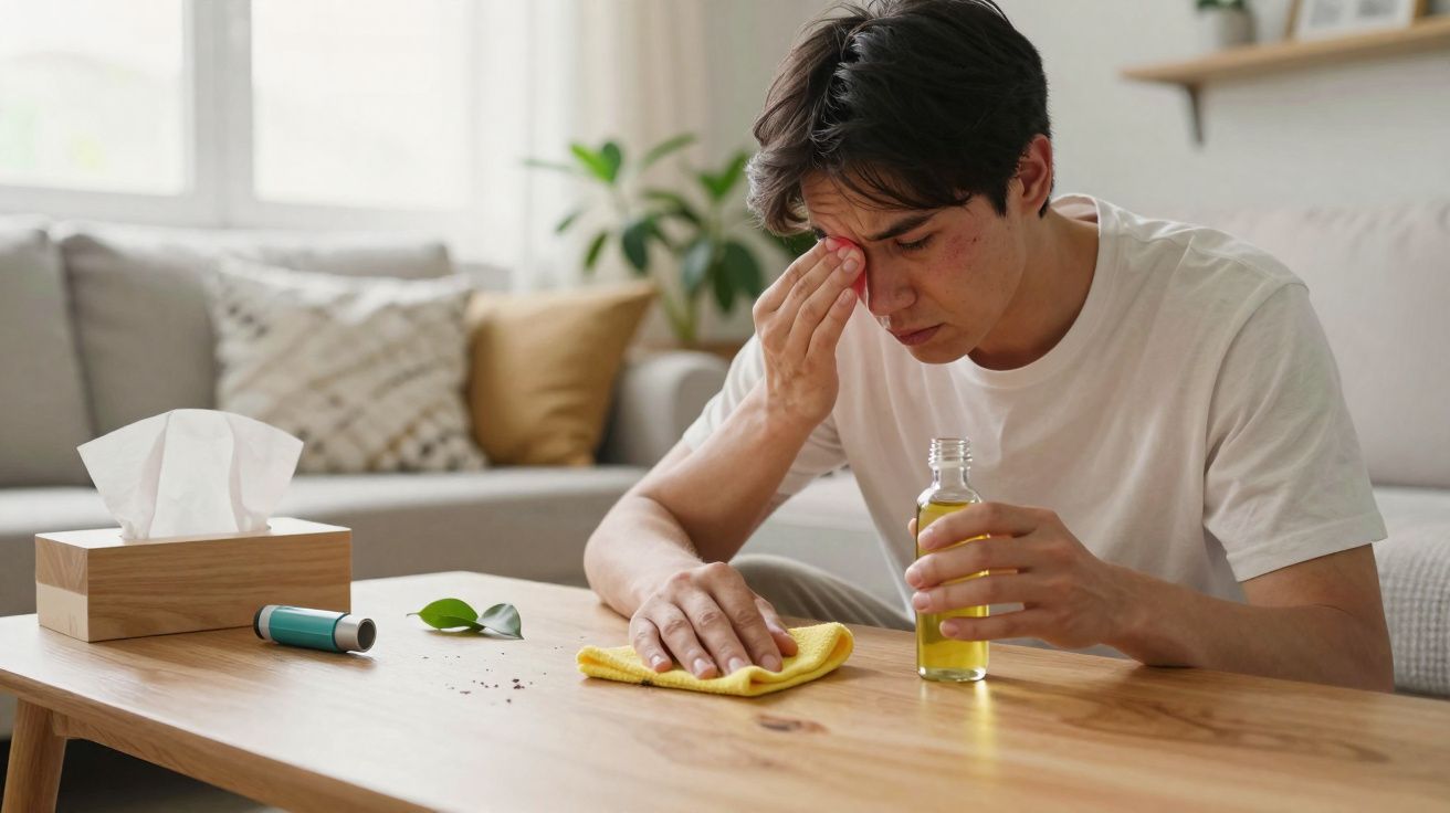 Homem limpando manchas na mesa enquanto segura remédio, com expressão de desconforto no rosto em sala de estar.