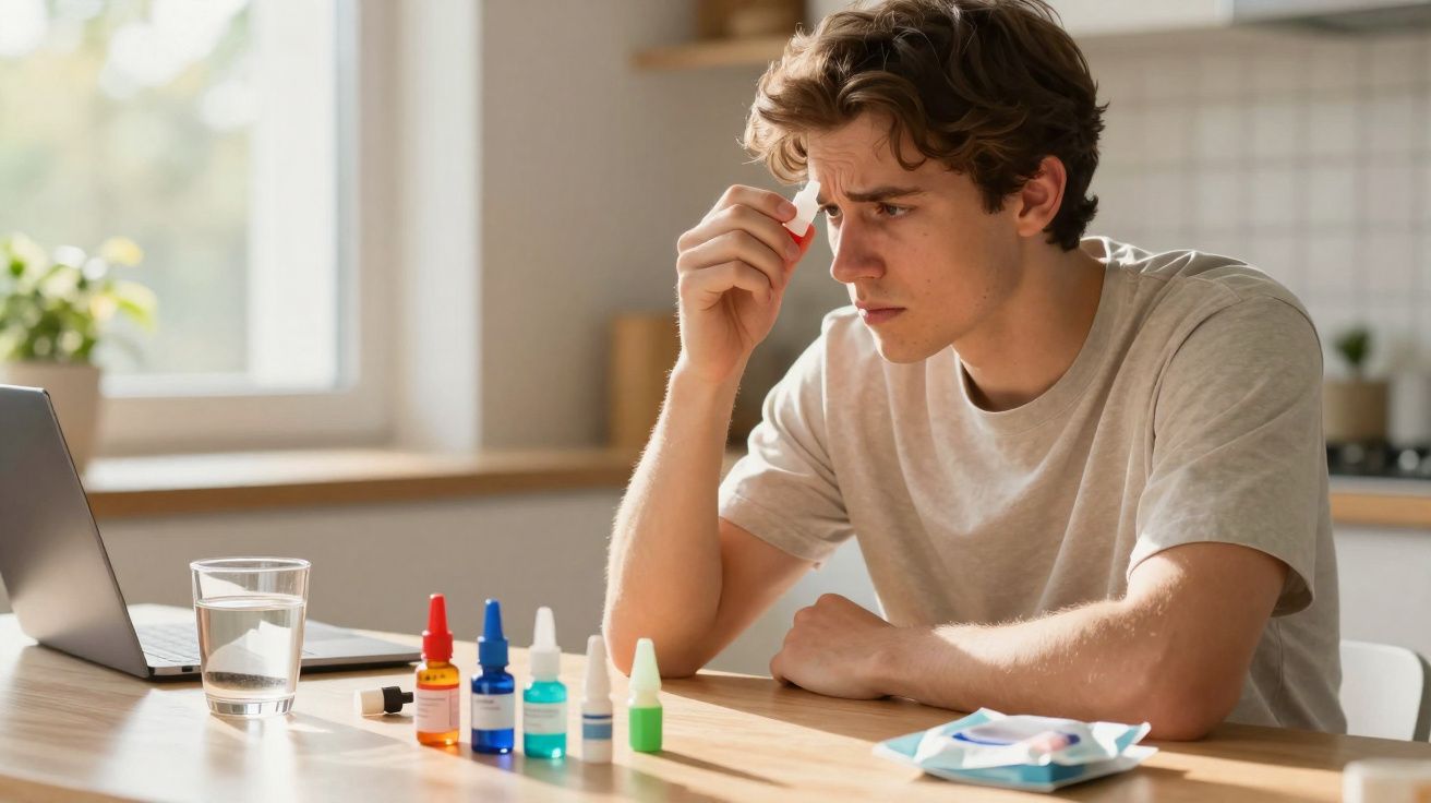 Homem jovem aplicando colírio no olho sentado à mesa com frascos de remédio e laptop ao lado.