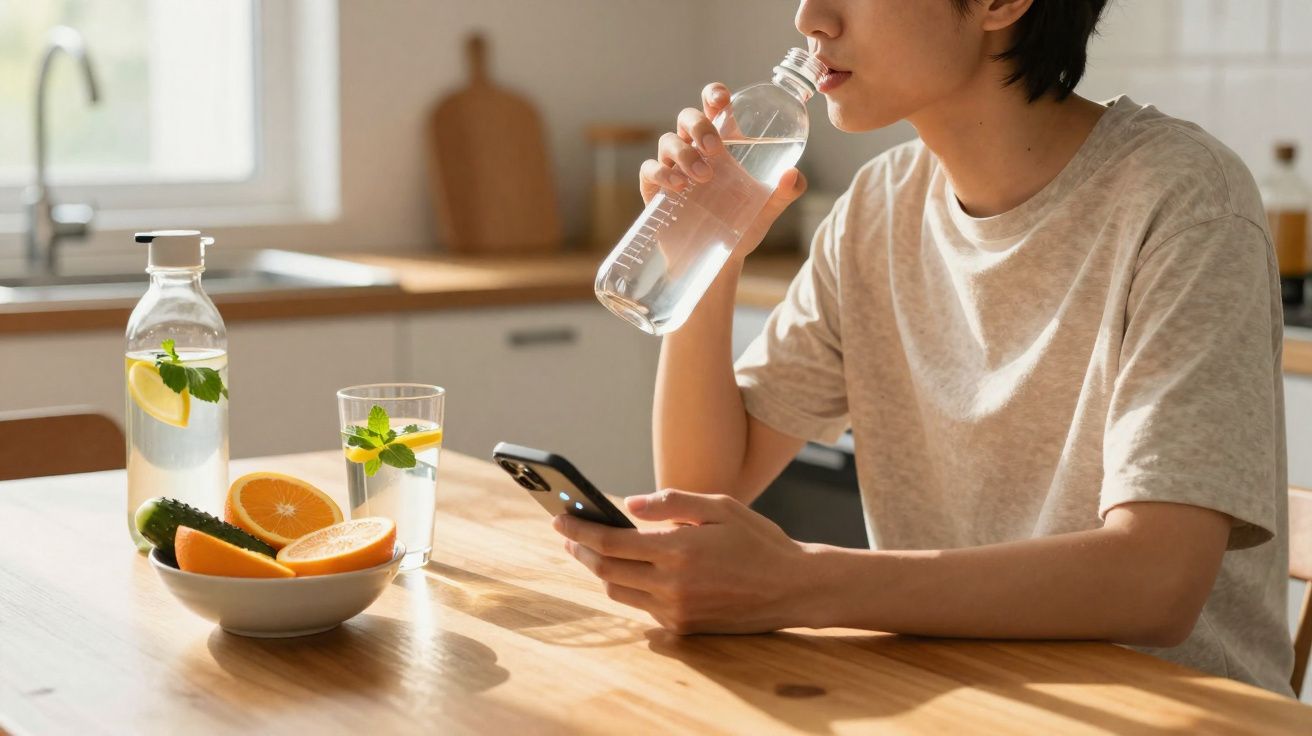 Pessoa bebendo água de garrafa enquanto segura celular em mesa com frutas e copos de água aromatizada.