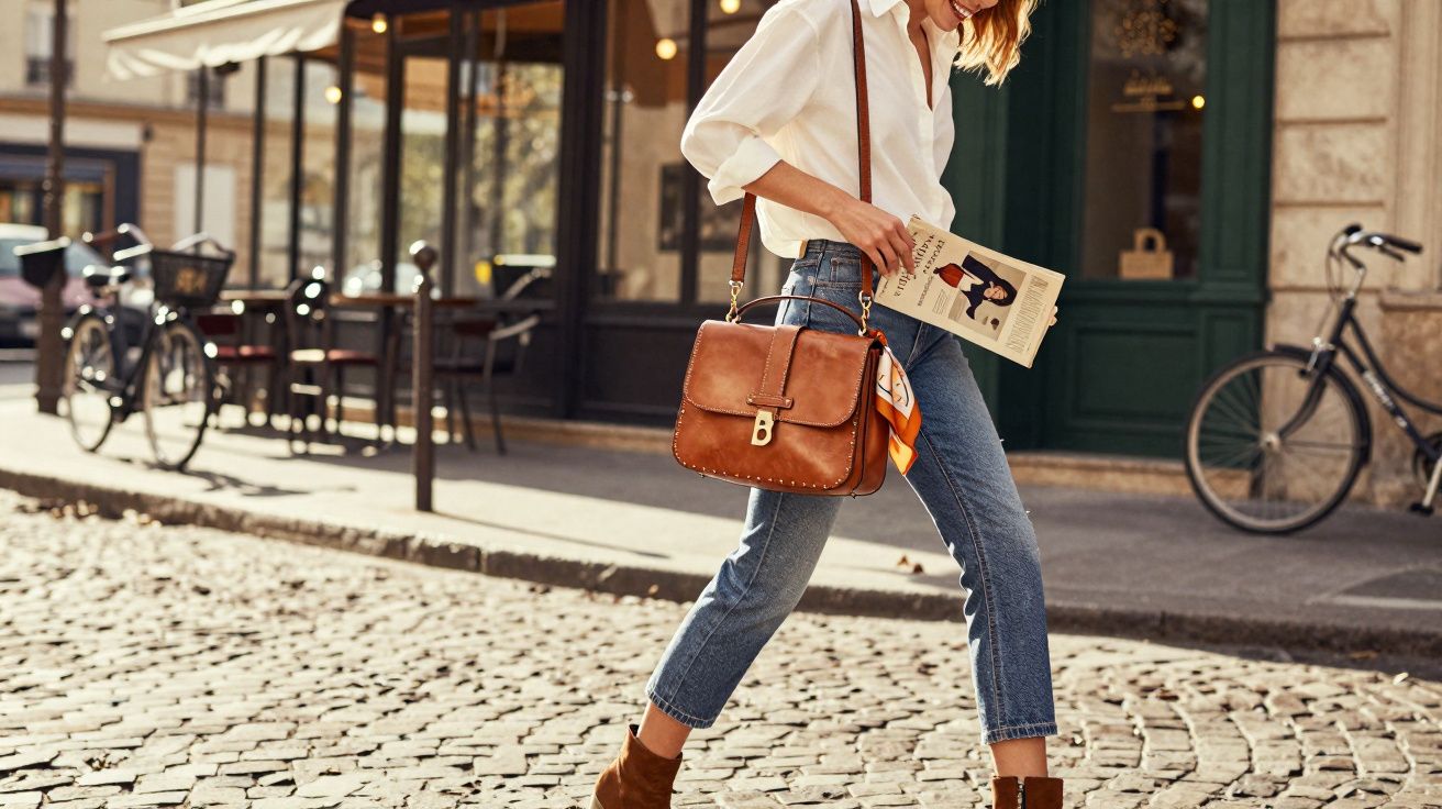Mulher caminhando em calçada de paralelepípedo com bolsa marrom e livro na mão, em ambiente urbano.